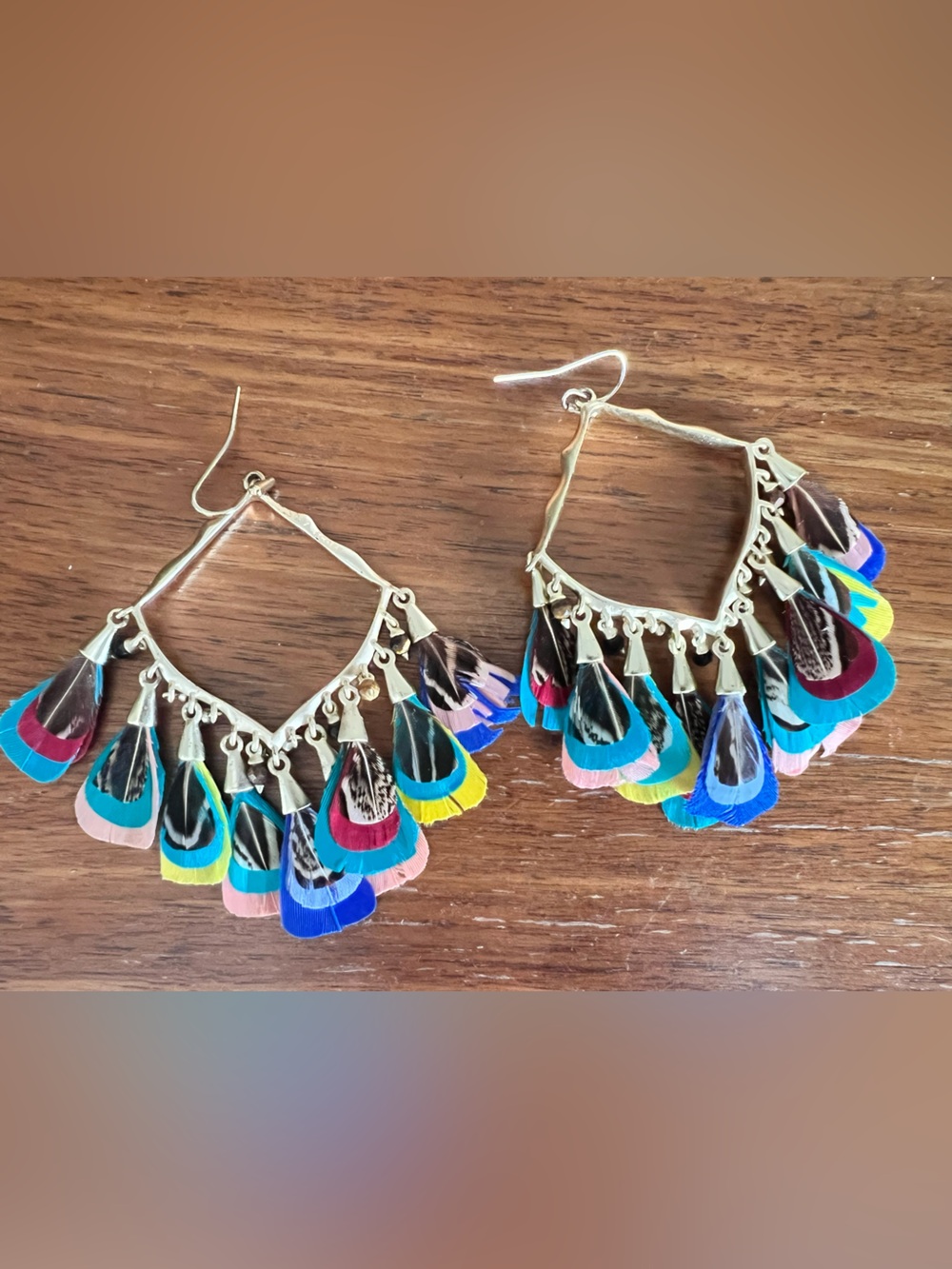 Anthropologie Gold-Tone Hoop Earrings with Multicolor Feather Drops